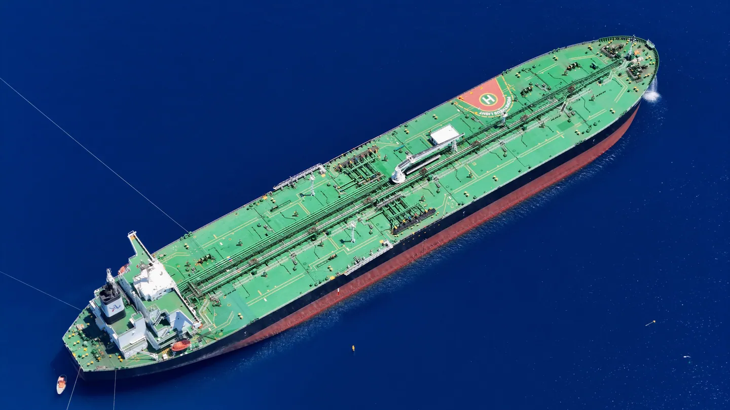 Aerial view of a green-decked tanker at sea